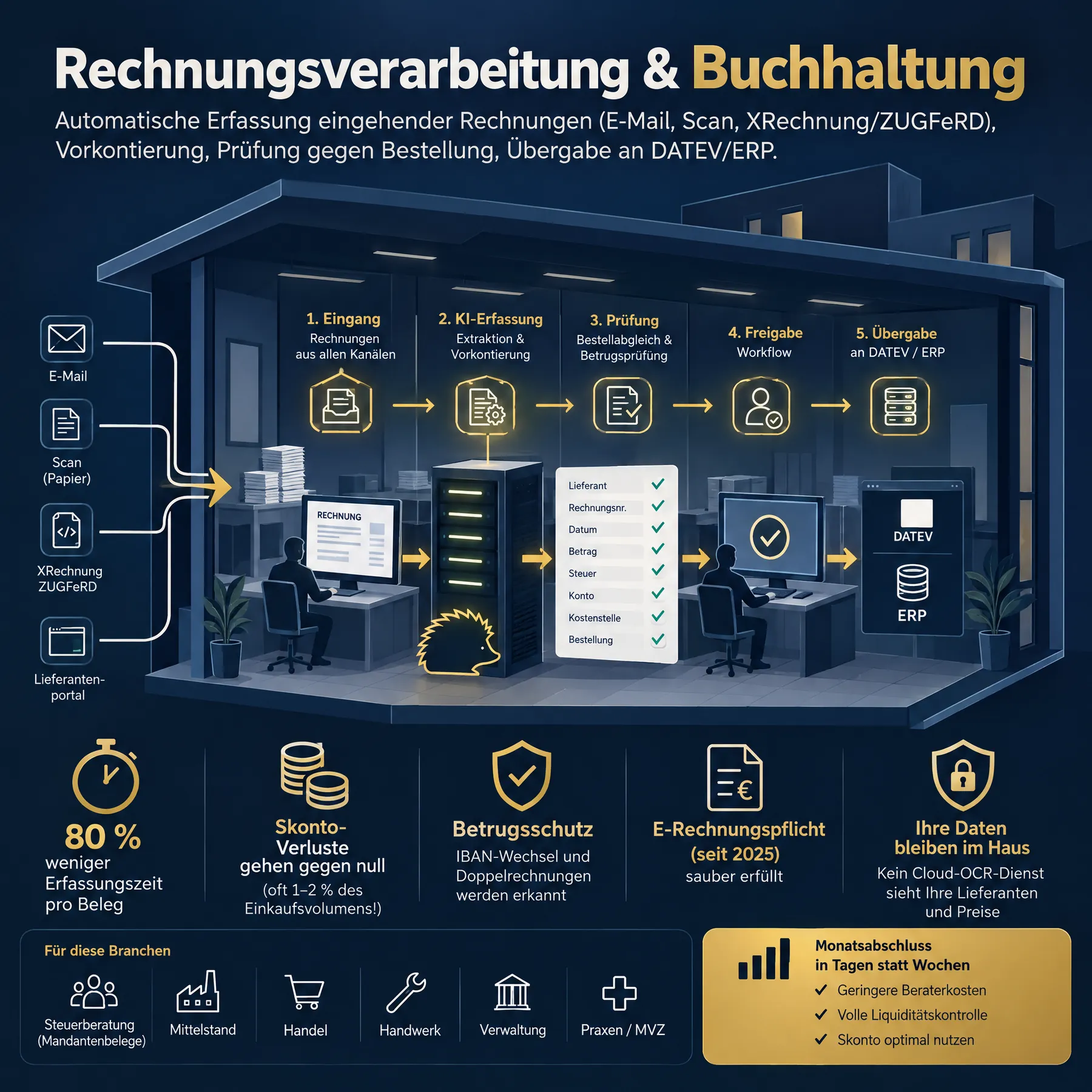 Infografik Rechnungsverarbeitung & Buchhaltung: Ablauf, Nutzen, Angebotspalette