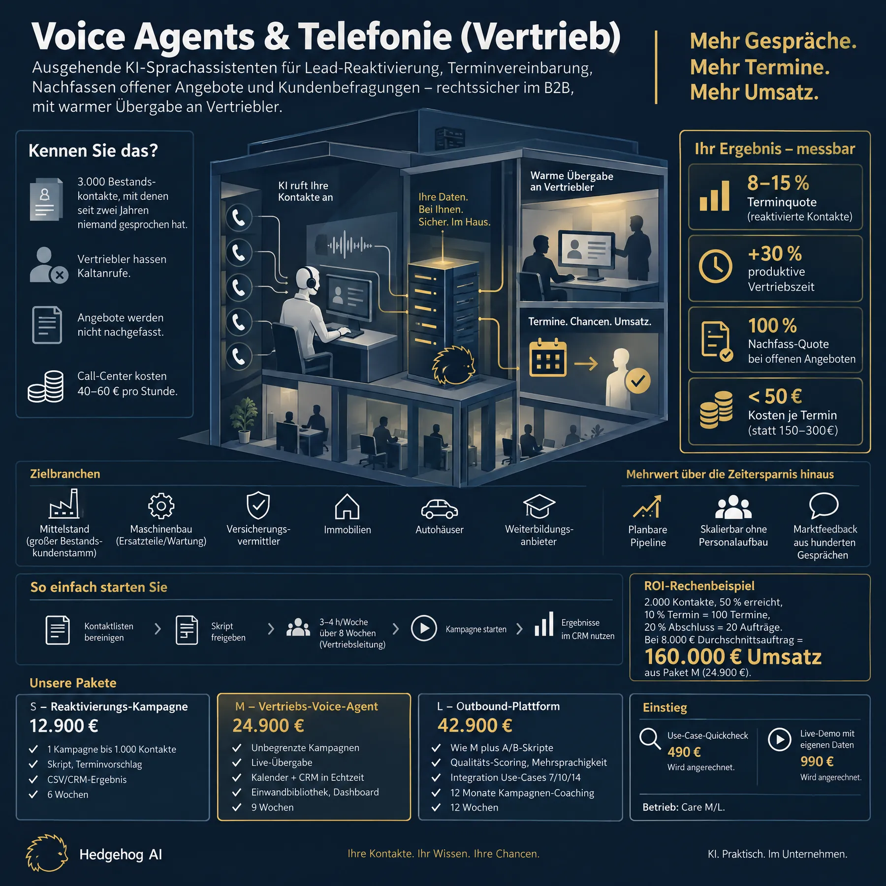 Infografik Voice Agents & Telefonie (Vertrieb): Ablauf, Nutzen, Angebotspalette