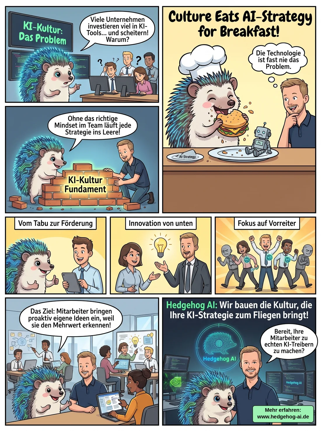 Comic: Culture Eats AI-Strategy for Breakfast – wie Hedgehog AI die KI-Kultur im Unternehmen aufbaut